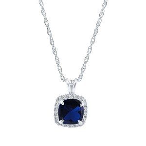 2.58 Ct Blue Sapphire & Lab-Created Diamond 925 Sterling Silver Pendant Necklace